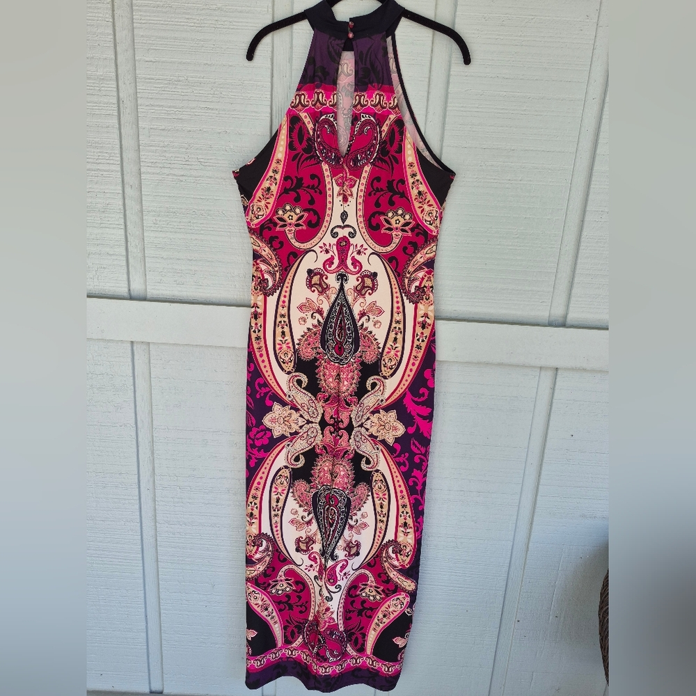 VENUS Halter Maxi Dress in Pink and Black Artsy Print Large Flowy Breezy Boho - Picture 3 of 7